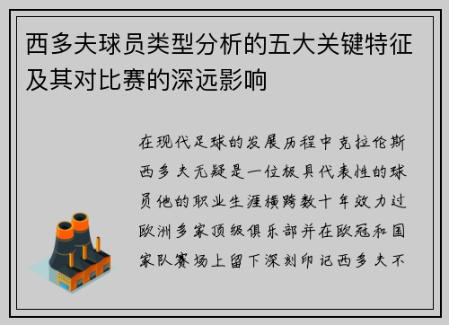 西多夫球员类型分析的五大关键特征及其对比赛的深远影响